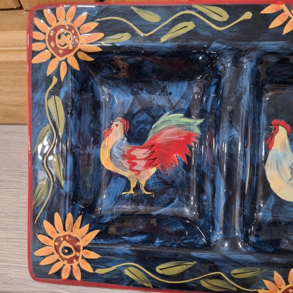 Certified International Sunrise Rooster 4-Section Serving Tray, Blue Ceramic - Picture 2 of 10